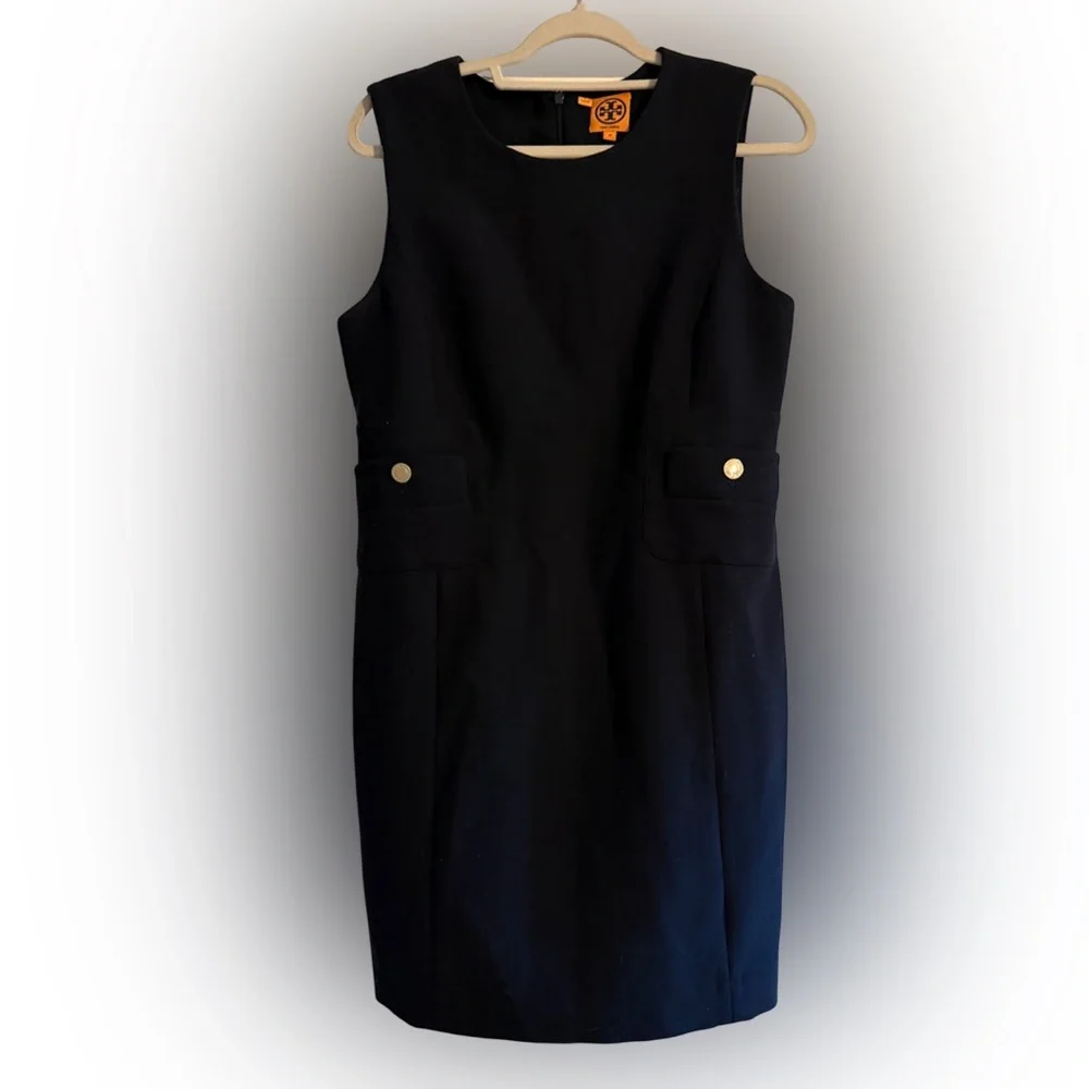 Tory Burch Sleeveless Gold Button Wool Blend Sheath Dress Navy Blue Size 10